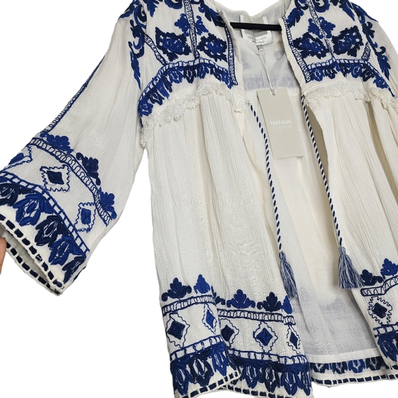 ZARA Ecru & Blue Embroidered Swing Jacket Open Front – Size Small - Picture 5 of 5